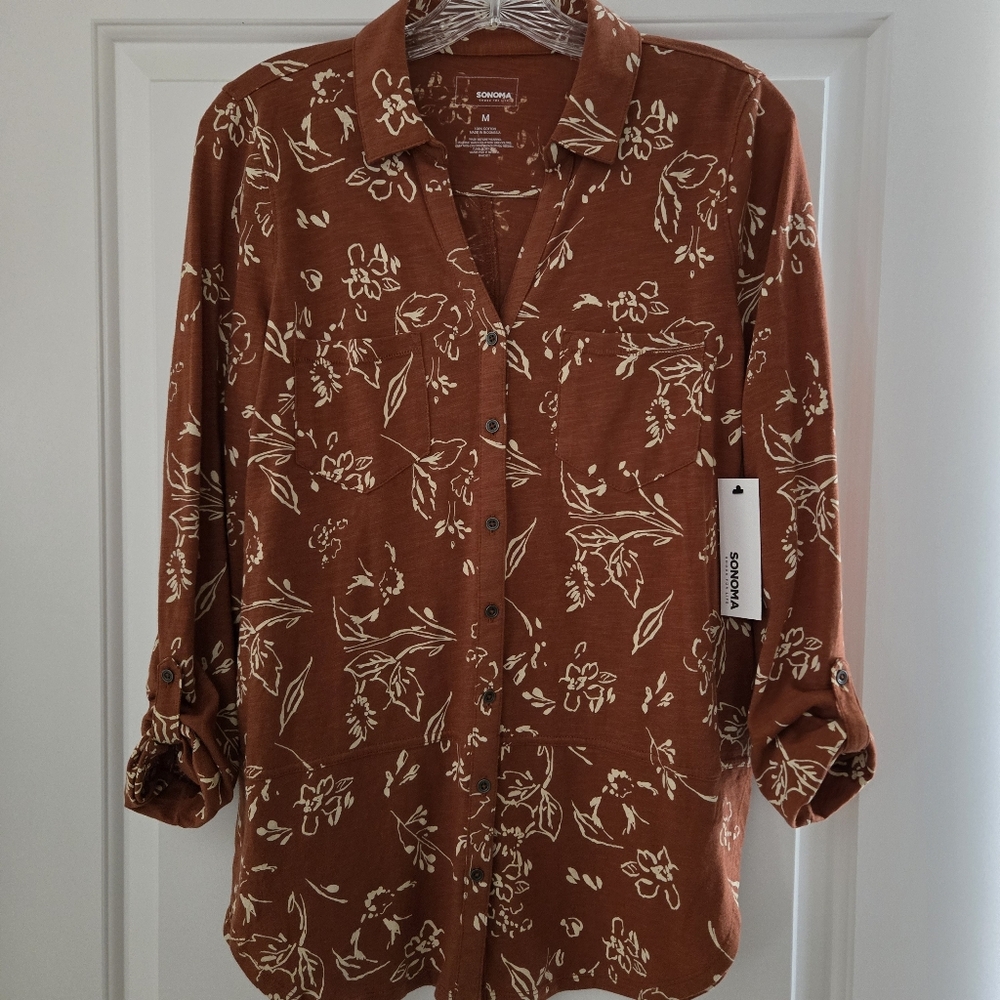 Sonoma NWT Women's Sz M Button-Up 100% Cotton Floral Top Vacation Blouse V-Neck